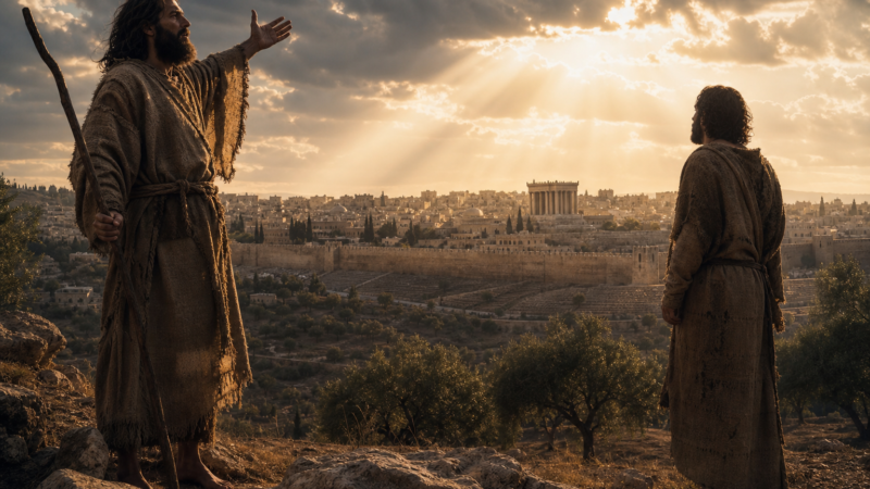 Two prophetic witnesses standing near ancient Jerusalem beneath a dawn sky