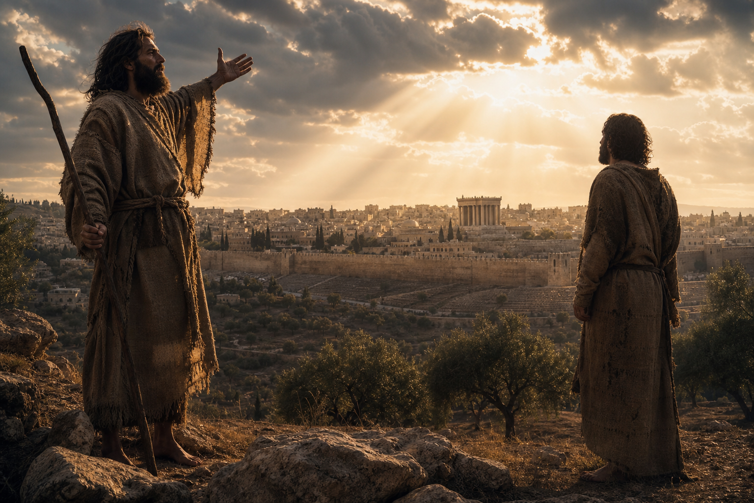 Two prophetic witnesses standing near ancient Jerusalem beneath a dawn sky