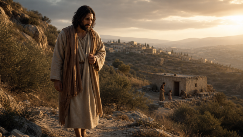 Jesus walking alone on a rocky hillside path while a distant village rests in the valley, illustrating the cost of putting God first.