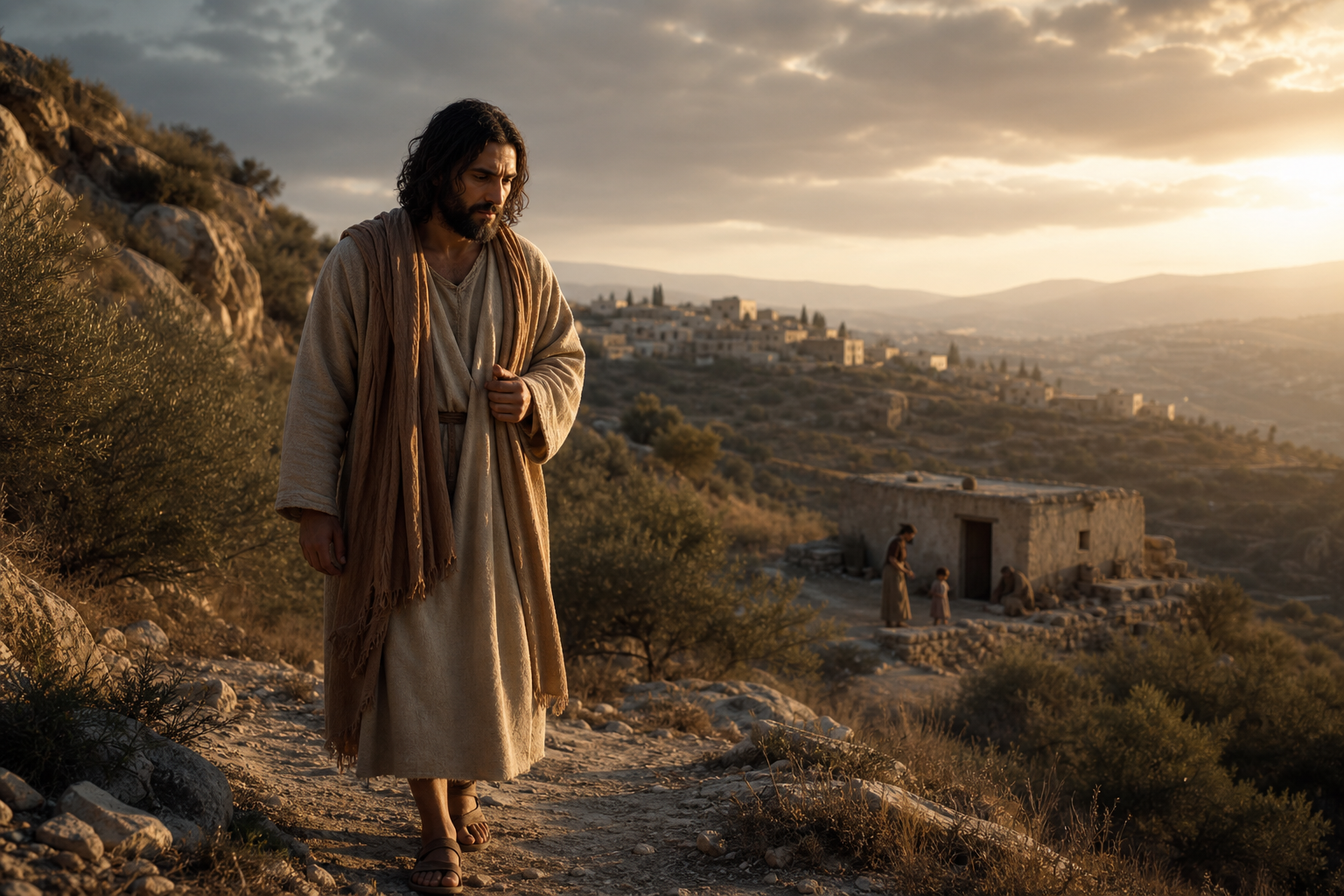 Jesus walking alone on a rocky hillside path while a distant village rests in the valley, illustrating the cost of putting God first.