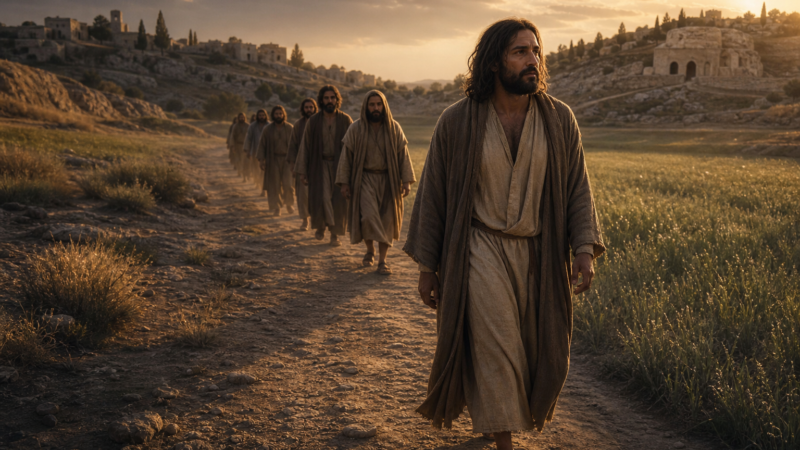 Jesus and His disciples walk away from a village toward open fields as a burial hillside remains in the distance.