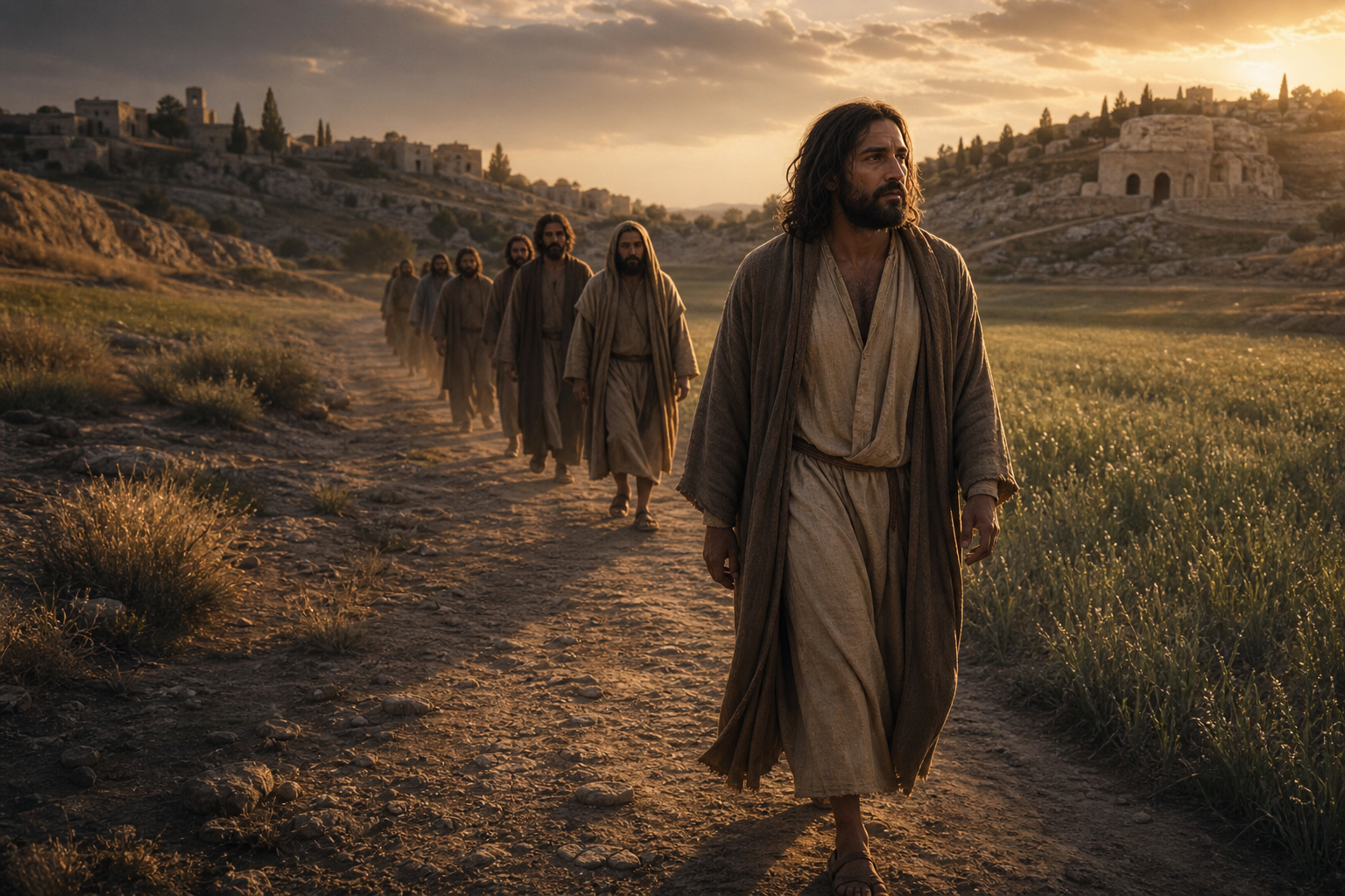 Jesus and His disciples walk away from a village toward open fields as a burial hillside remains in the distance.