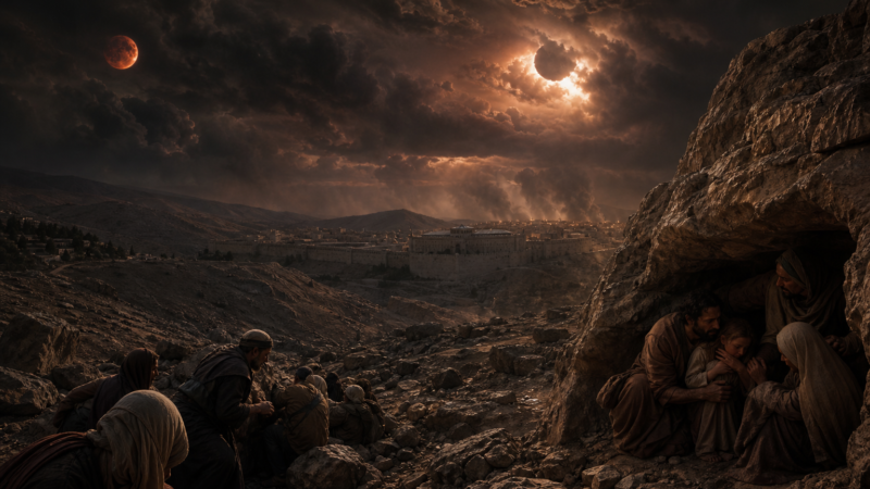 A darkened sky over mountains and ancient people seeking shelter, evoking the sixth seal in Revelation.