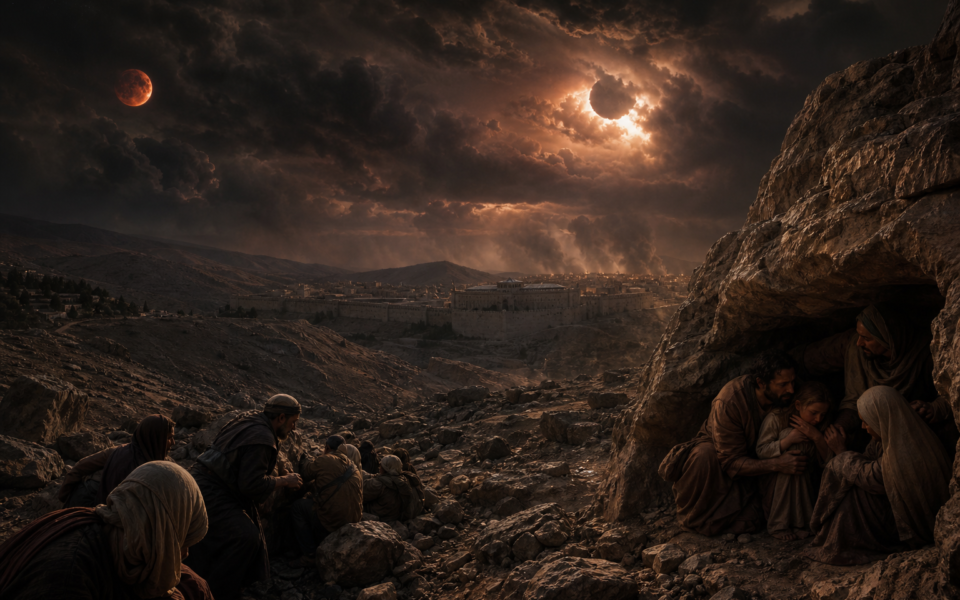 A darkened sky over mountains and ancient people seeking shelter, evoking the sixth seal in Revelation.