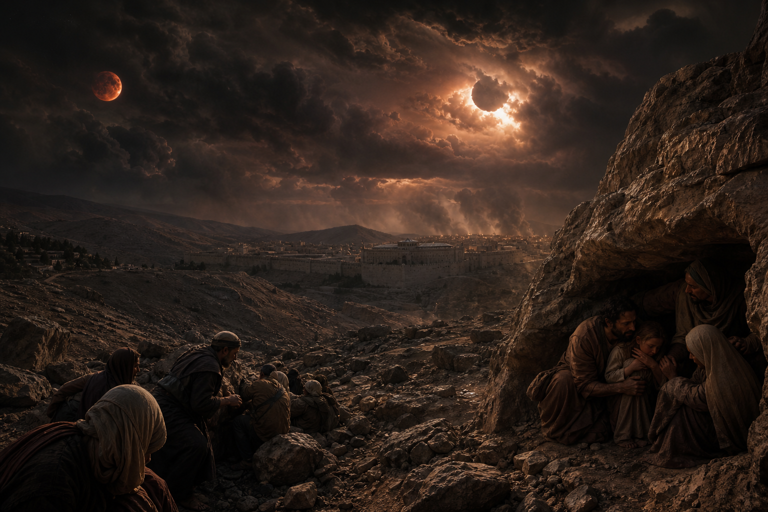 A darkened sky over mountains and ancient people seeking shelter, evoking the sixth seal in Revelation.