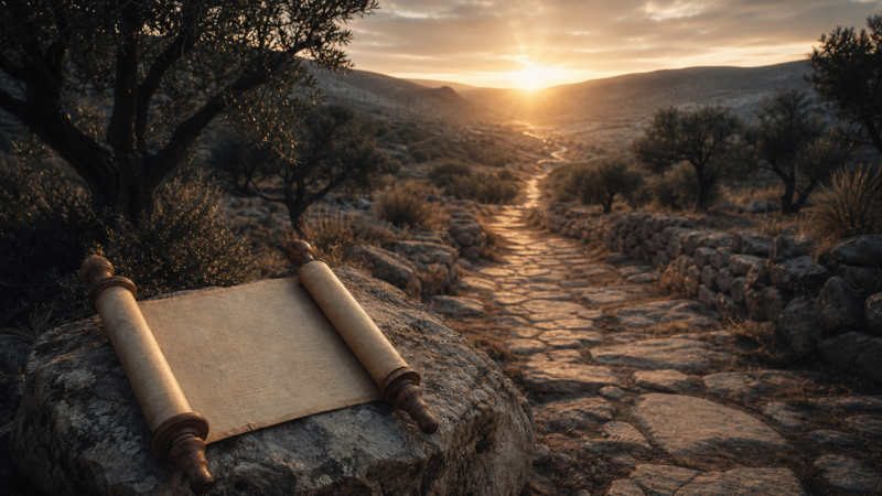 A quiet wilderness path and open scroll symbolizing faithful waiting when God seems silent