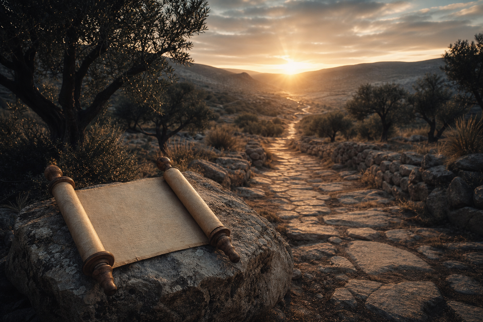 A quiet wilderness path and open scroll symbolizing faithful waiting when God seems silent