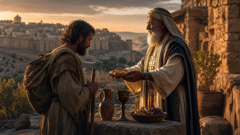 An ancient king-priest offers bread and wine near the city of Salem, symbolizing Melchizedek’s meeting with Abram.