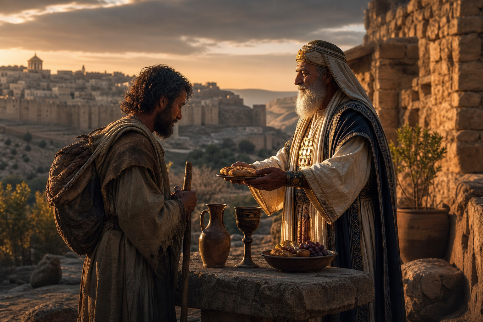 An ancient king-priest offers bread and wine near the city of Salem, symbolizing Melchizedek’s meeting with Abram.