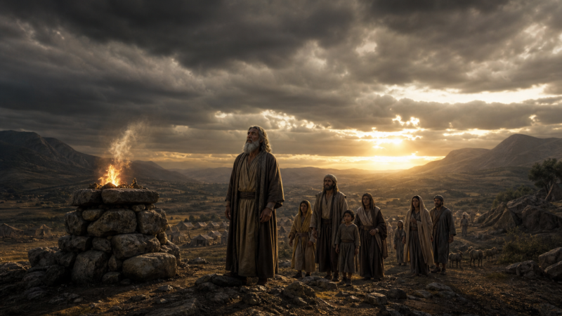 A solemn ancient landscape before the flood with people walking near an altar beneath dark clouds