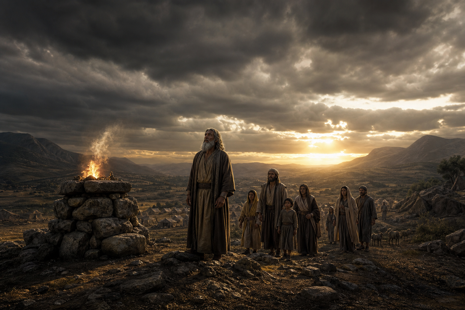 A solemn ancient landscape before the flood with people walking near an altar beneath dark clouds