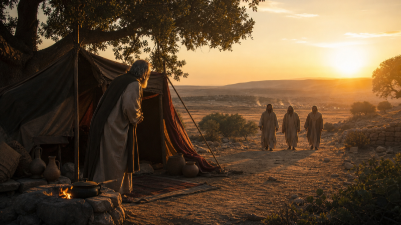 Abraham welcomes three visitors near his tent before the judgment of Sodom