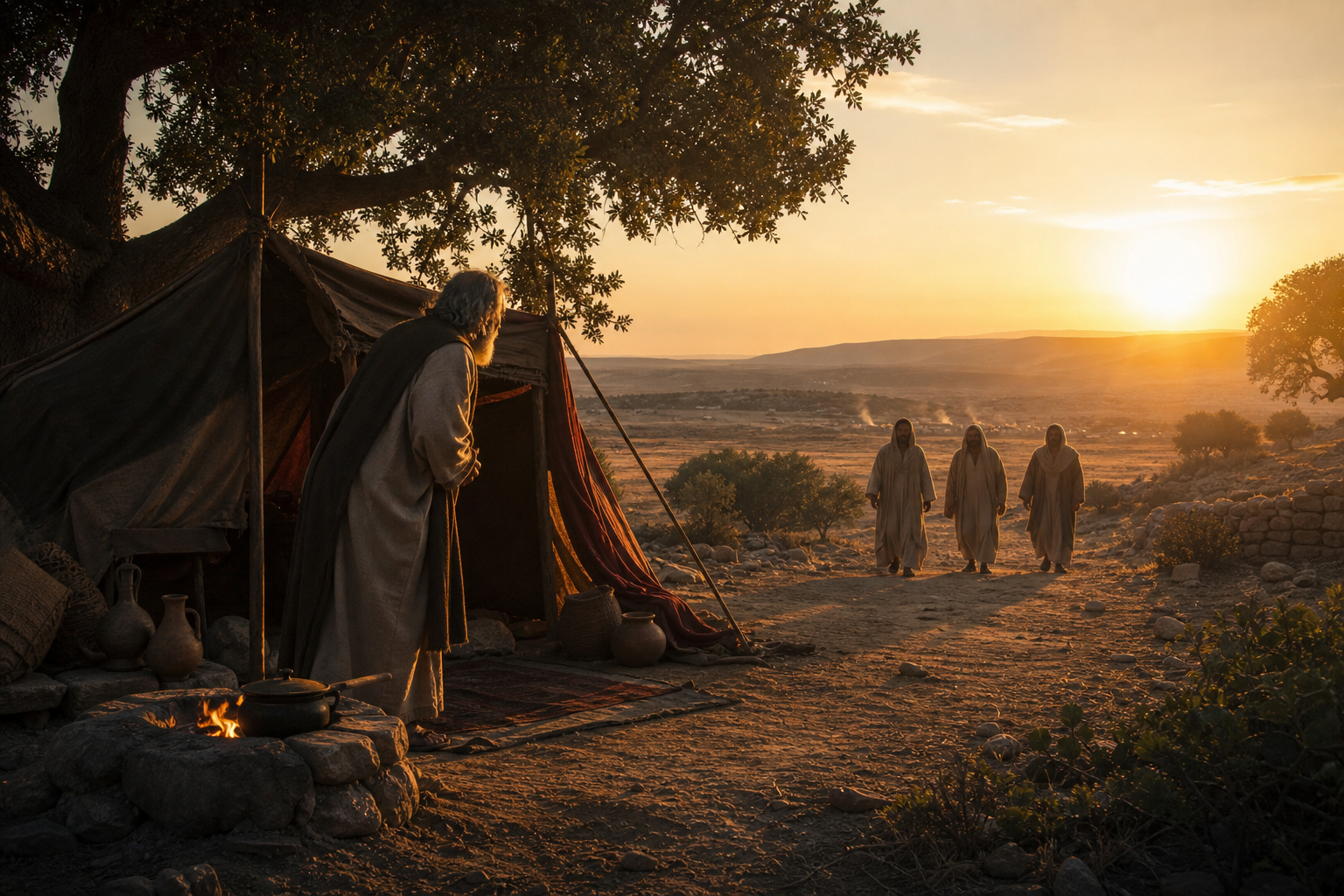 Abraham welcomes three visitors near his tent before the judgment of Sodom