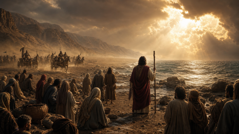 The Israelites stand near the Red Sea as Egyptian forces approach beneath a dramatic dawn sky.