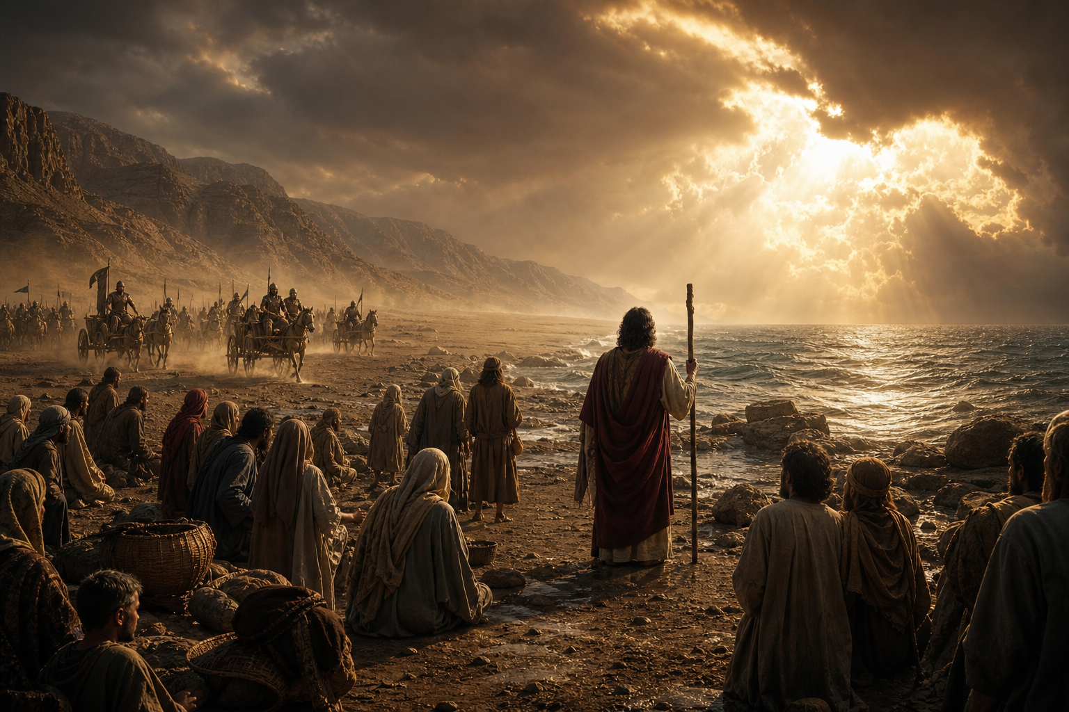 The Israelites stand near the Red Sea as Egyptian forces approach beneath a dramatic dawn sky.