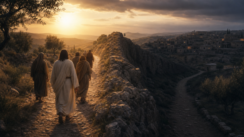 A symbolic ancient landscape showing a path divided by a stone ridge, representing Jesus’ teaching about division and discipleship.