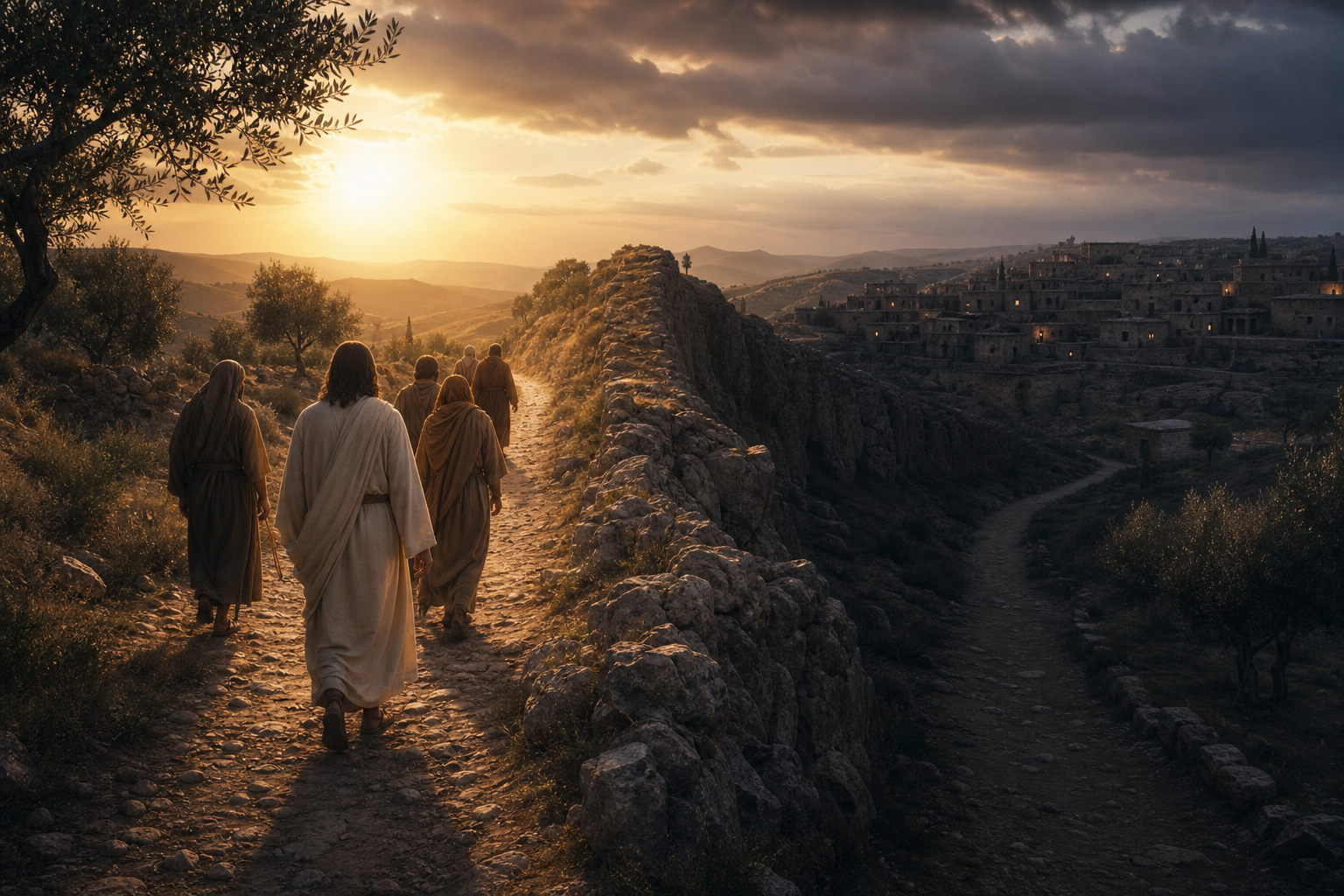 A symbolic ancient landscape showing a path divided by a stone ridge, representing Jesus’ teaching about division and discipleship.