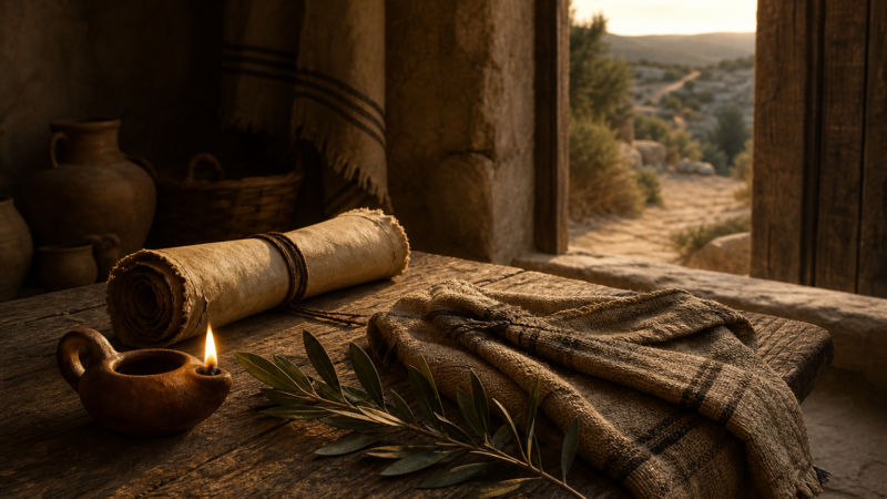 Ancient scroll and oil lamp beside a dark doorway and sunlit landscape, symbolizing Jesus’ warning about removing whatever leads to sin