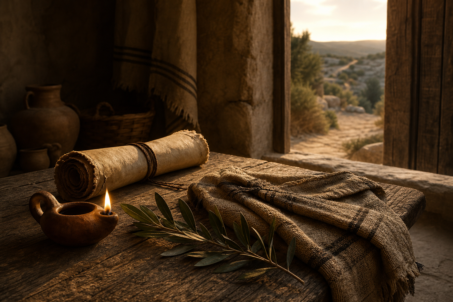 Ancient scroll and oil lamp beside a dark doorway and sunlit landscape, symbolizing Jesus’ warning about removing whatever leads to sin