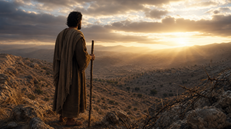 A solitary biblical traveler beside a thorny branch on a rugged hillside at dawn, symbolizing Paul’s thorn in the flesh.