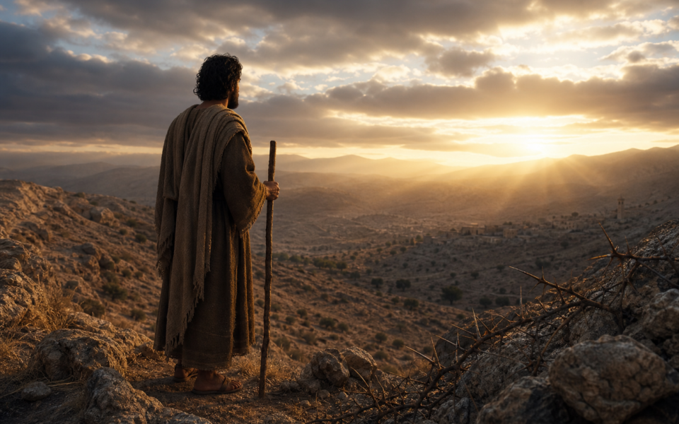 A solitary biblical traveler beside a thorny branch on a rugged hillside at dawn, symbolizing Paul’s thorn in the flesh.