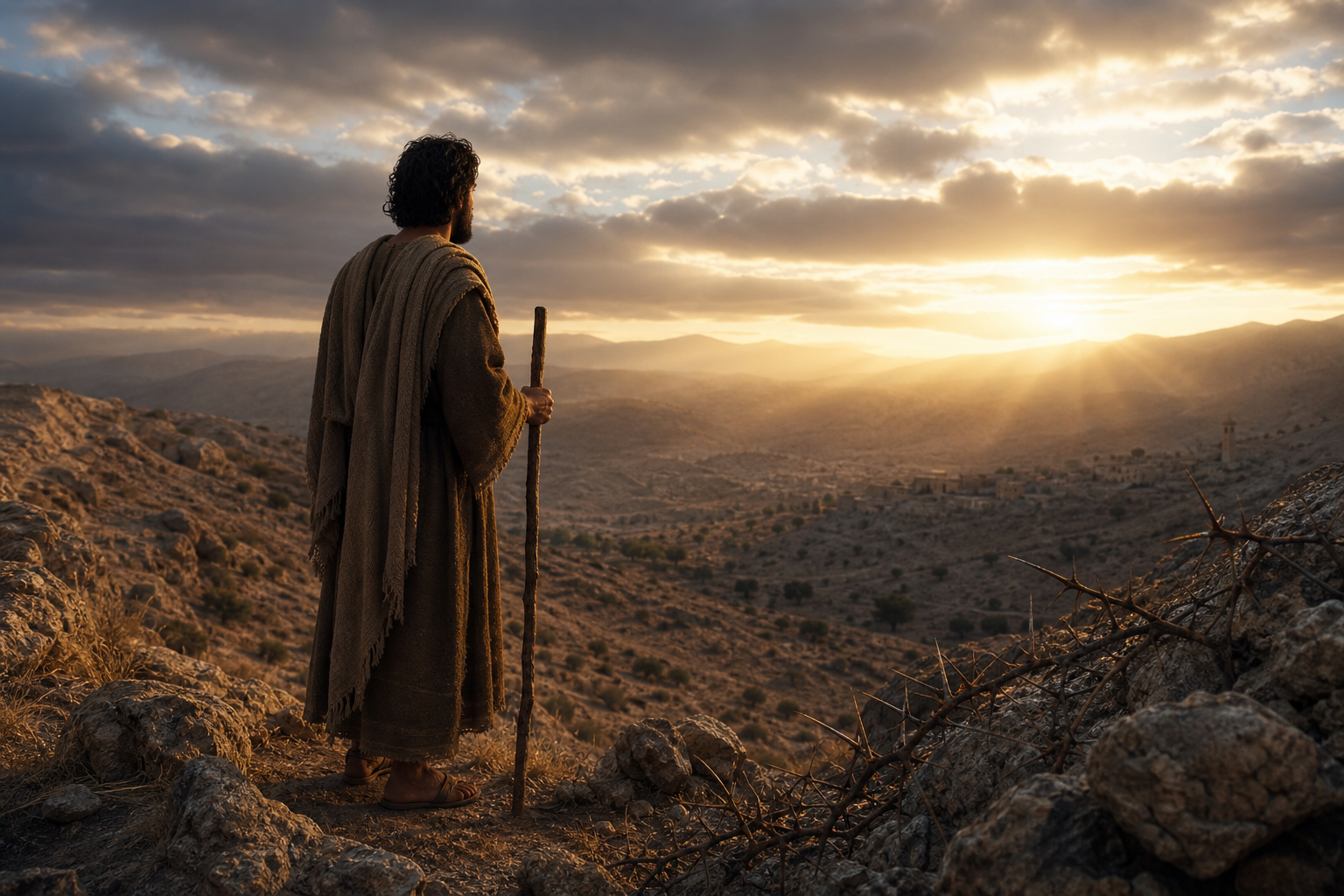 A solitary biblical traveler beside a thorny branch on a rugged hillside at dawn, symbolizing Paul’s thorn in the flesh.