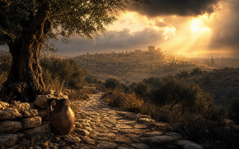 A quiet ancient hillside path beneath breaking dawn light, symbolizing faith during unanswered prayer