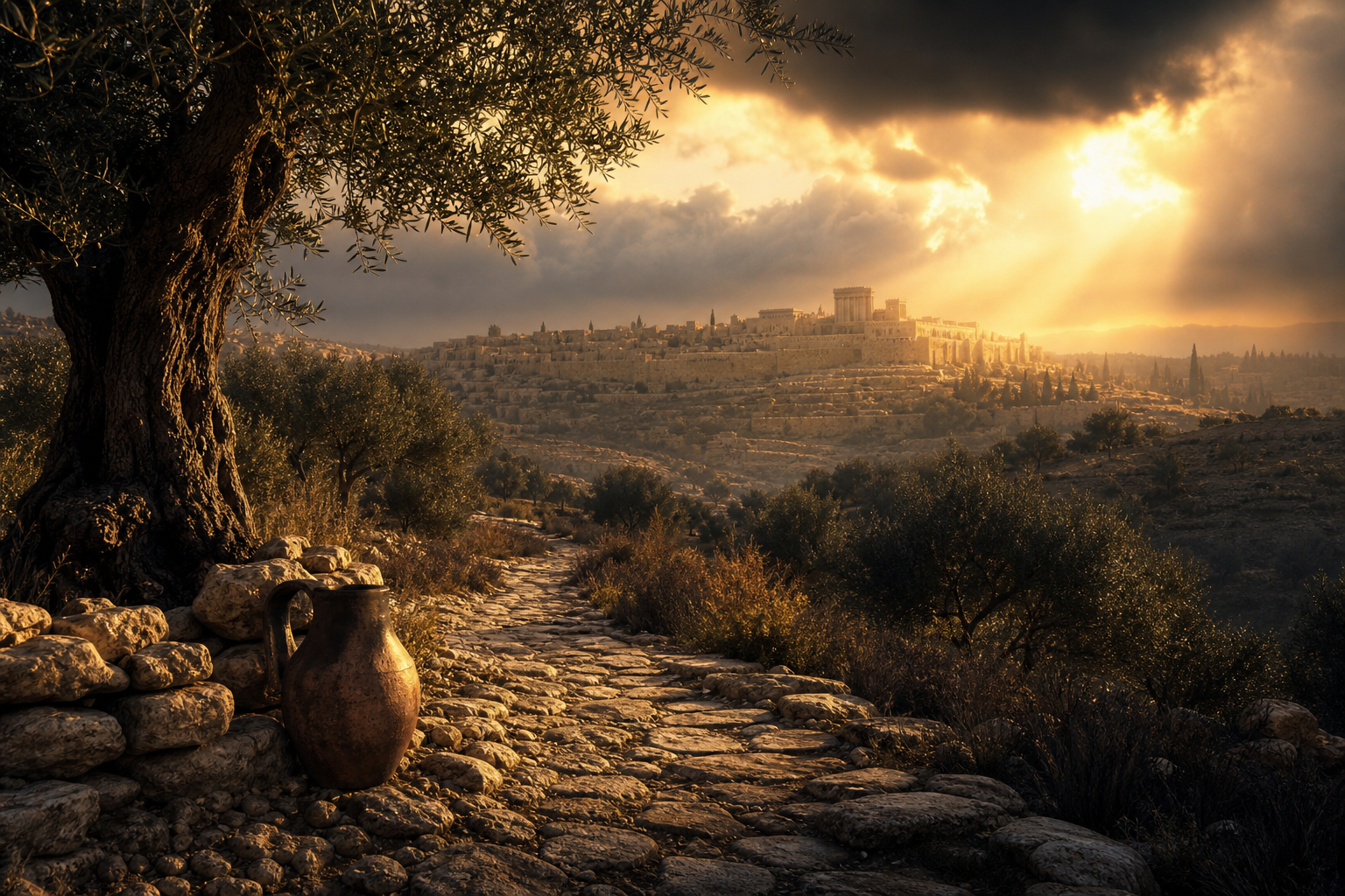 A quiet ancient hillside path beneath breaking dawn light, symbolizing faith during unanswered prayer