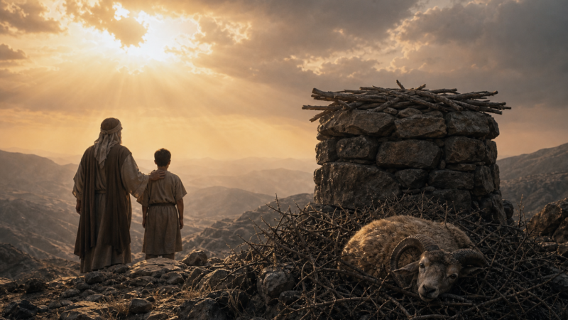 A ram caught in thorn branches beside an ancient altar on the mountain where Abraham was tested