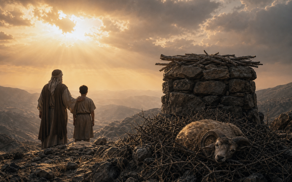 A ram caught in thorn branches beside an ancient altar on the mountain where Abraham was tested