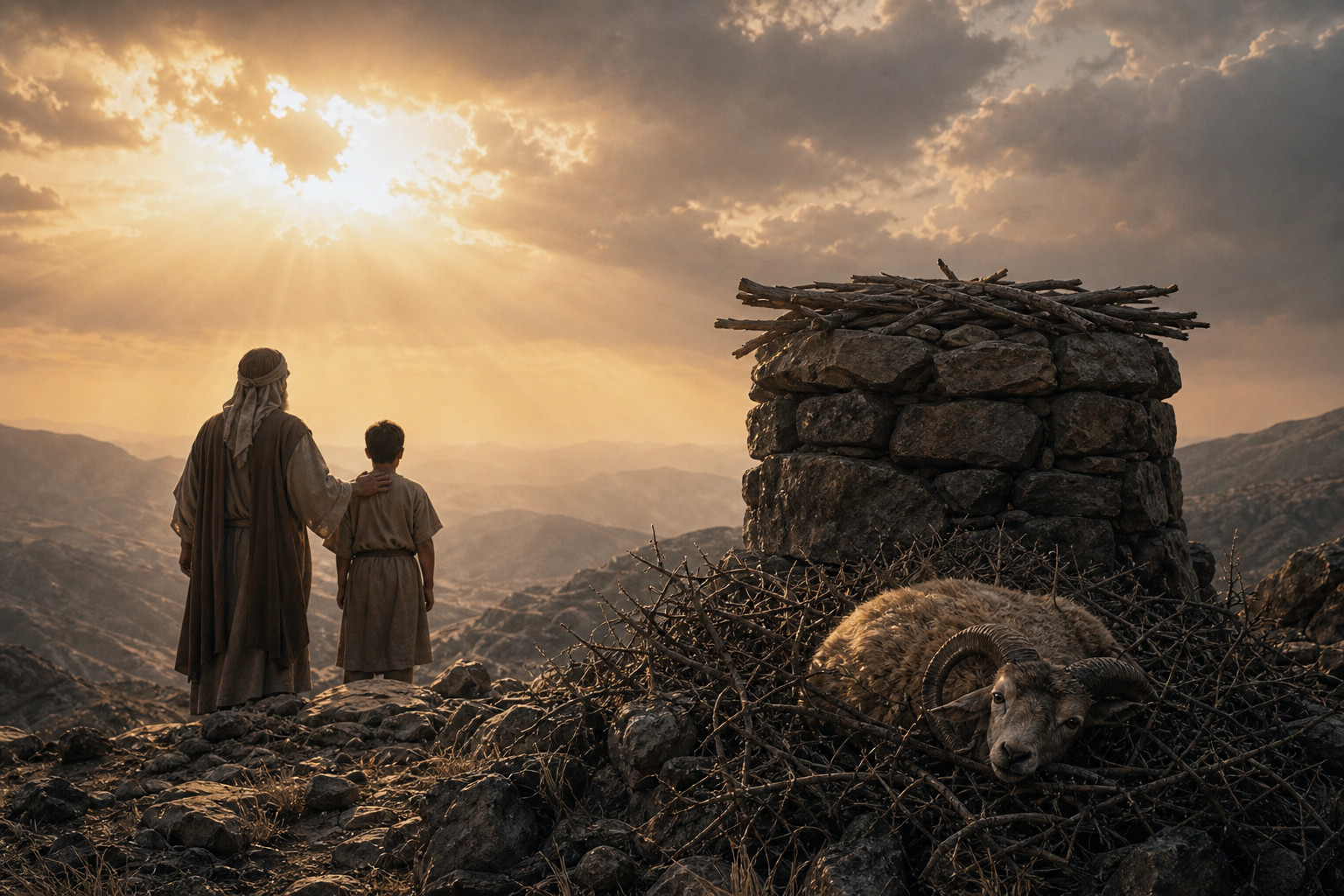 A ram caught in thorn branches beside an ancient altar on the mountain where Abraham was tested