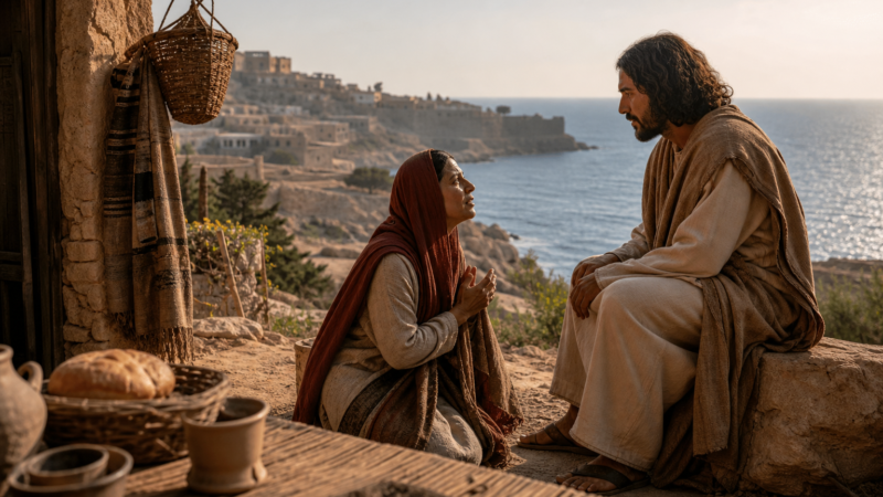 A Canaanite woman humbly appeals to Jesus near the coast of Tyre and Sidon