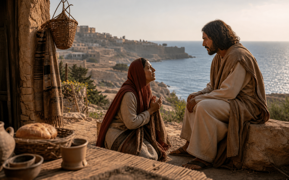 A Canaanite woman humbly appeals to Jesus near the coast of Tyre and Sidon