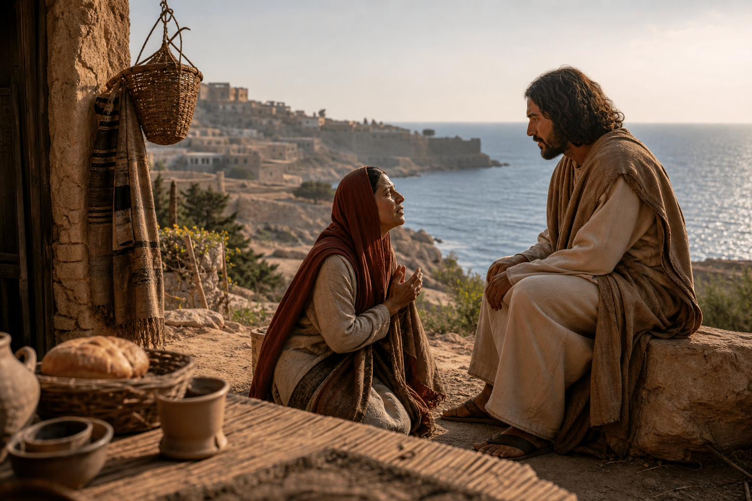 A Canaanite woman humbly appeals to Jesus near the coast of Tyre and Sidon